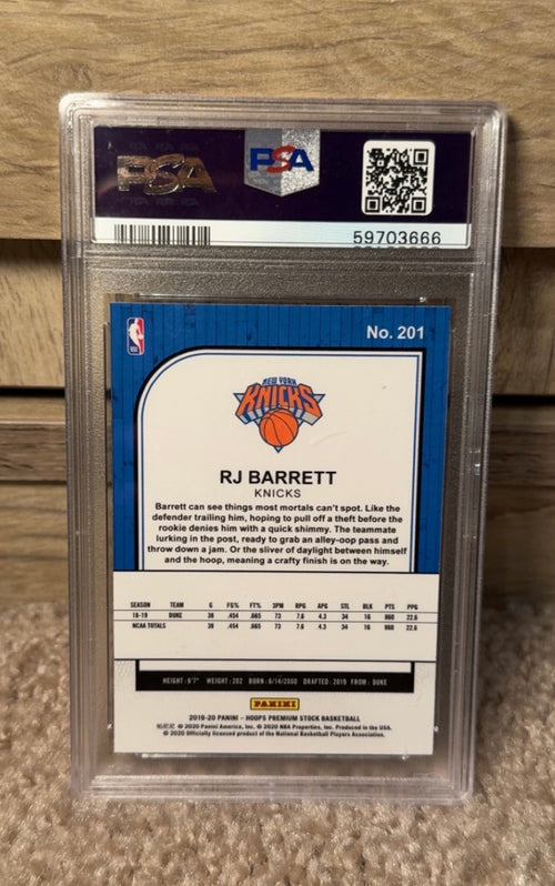 RJ Barrett Panini 2019-20 NBA Hoops Premium Stock #201 RC Base Knicks PSA 9